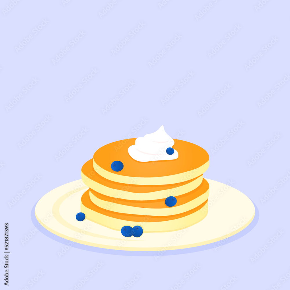 Simple pancakes on plate with cream and blueberries in flat design. Baking, breakfast concept. Vector illustration Simple pancakes on plate with cream and blueberries in flat design. Baking, breakfast concept. Vector illustration