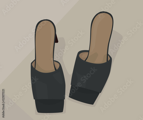 Dark women's sandals with heels. Fashion illustration vector mules with heels. Open modern shoes. Design for postcards, banners, avatars, posters, backgrounds, templates, textiles.