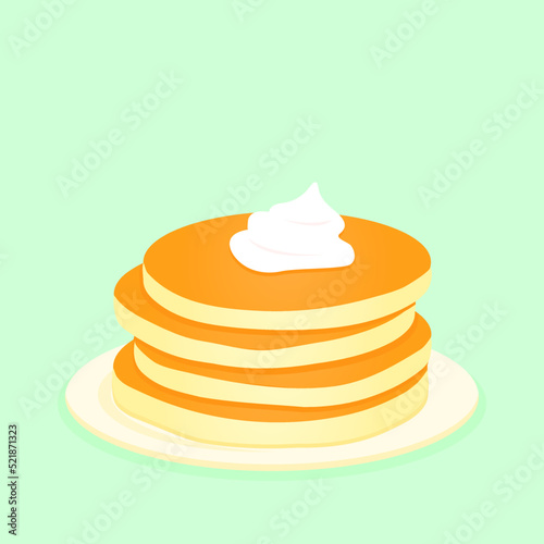 Simple pancakes on plate with cream in flat design on green background. Baking, breakfast concept. Vector illustration