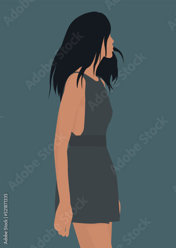 Charming brunette in a light summer dress with a slight tan. Vector flat image of a girl with long hair in a midi dress. Design for postcards, avatars, posters, backgrounds, templates.