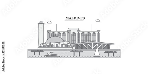Maldives city skyline isolated vector illustration, icons