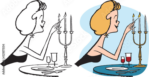 A vintage retro cartoon of a woman preparing for a romantic dinner by lighting a candle. 