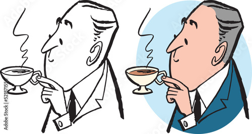 A vintage retro cartoon of a mature man enjoying a cup of hot tea. 
