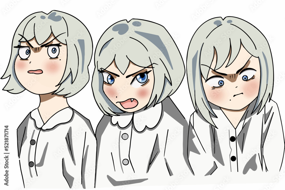 Anime-style girl with different emotions in a white shirt Anime-style girl with different emotions in a white shirt
