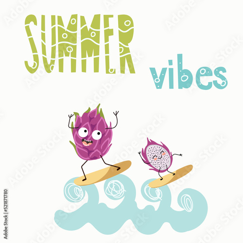 Vector illustration of funny characters, cartoon pitahaya, pitahaya, dragon fruit couple whole and half surf on the waves. Lettering summer vibes.