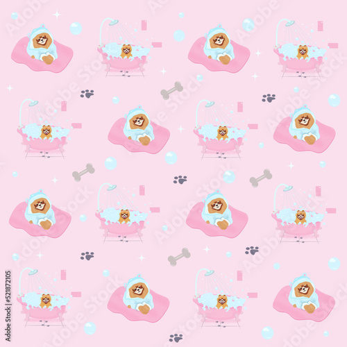 Fototapeta Naklejka Na Ścianę i Meble -  Patern grooming dogs on a pink background, which depicts dogs bathing in a bath and on a rug in a dressing gown. It can be applied to the fabric, for example, pajamas for children or bedding. 