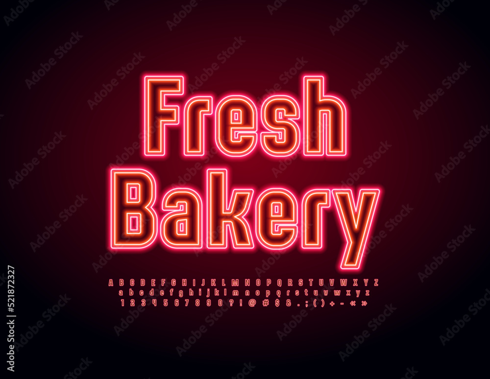 Vector electric sign Fresh Bakery. Bright glowing Font. Neon Alphabet Letters, Numbers and Symbols set