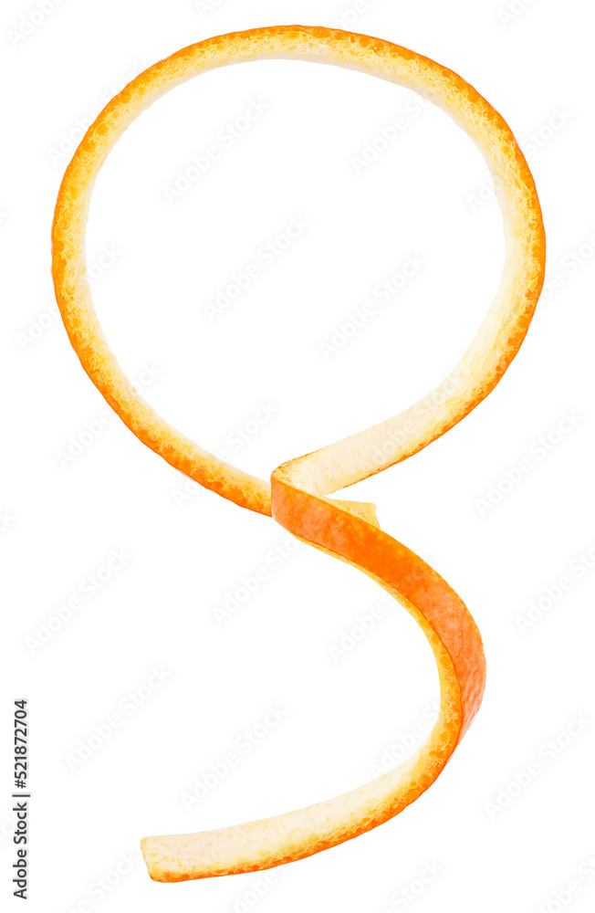 Peel of orange fruit isolated on a white background, top view. Orange zest. Peel of orange fruit isolated on a white background, top view. Orange zest.