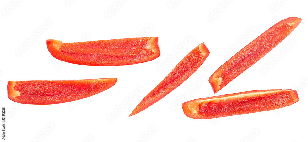 Red sweet bell pepper slices isolated on a white background, top view. Red sweet bell pepper slices isolated on a white background, top view.