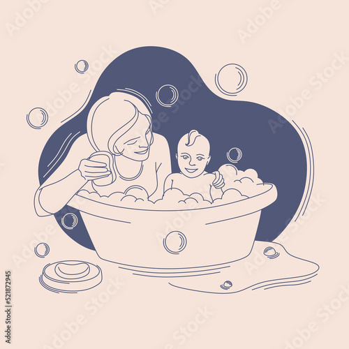woman washes a baby in a bath, a mother and a child. The concept of motherhood and child care in a linear style. Isolated vector illustration