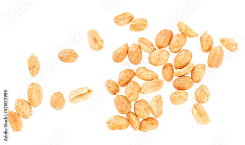 Top view of roasted and salted peanuts isolated on a white background.