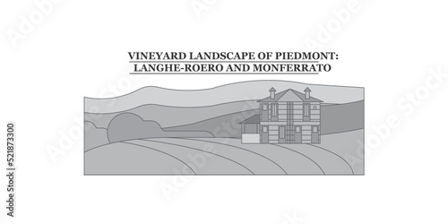 Italy, Piedmont, Langhe-Roero And Monferrato city skyline isolated vector illustration, icons