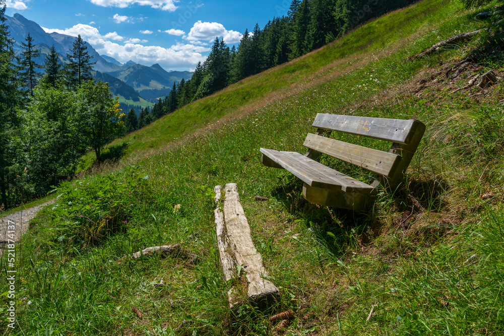 Bank auf dem Hörnleweg in Adelboden, Schweiz. Holzbank am steilen Abhang auf einer Alpwiese mit Blumen. Aussicht auf die Berge vom Berner Oberland