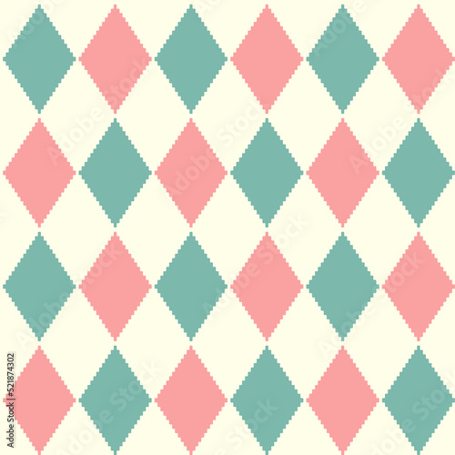Seamless harlequin check pattern in pink, light blue and white. Vector geometric background