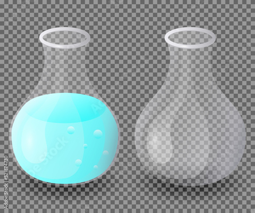Empty flask and with liquid isolated on transparent background. Glass flask. Back to school. Chemical equipment. Vector illustration.