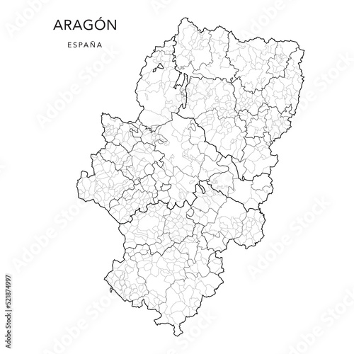 Geopolitical Vector Map of the Autonomous Community of Aragon (Aragón) with Provinces, Judicial Areas, Comarques and Municipalities (Municipios) as of 2022 - Spain photo