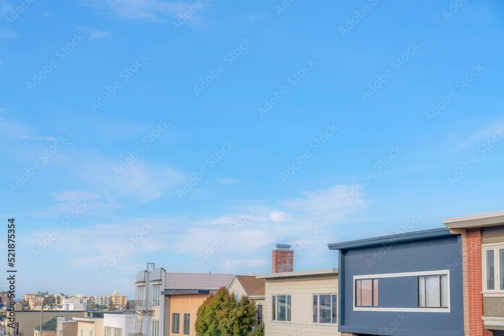 View of an upper part of a modern design townhouses in San Francisco, California