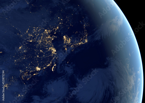Photography China, Taiwan, Korea and Japan on globe at night, satellite photo