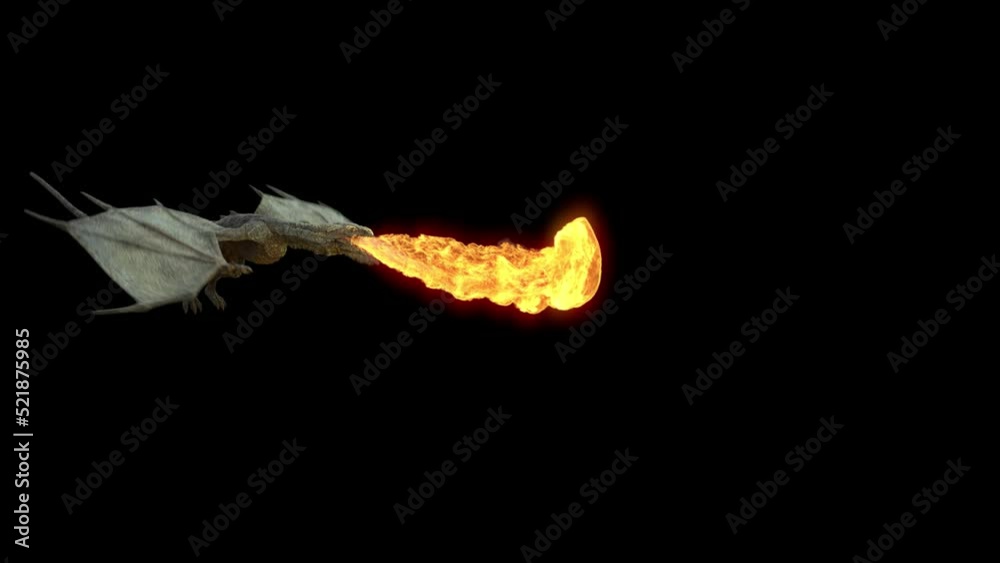 Animated realistic Dragon flies and breathes flame. Seamless loop with alpha channel, 30 FPS.