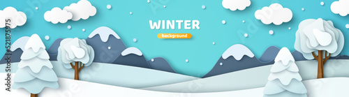 Winter landscape scenery poster paper cut style. Vector illustration. Merry Christmas scene poster, pine tree, snowy mountain, snowdrift. Happy New year 2023 papercut concept, header banner