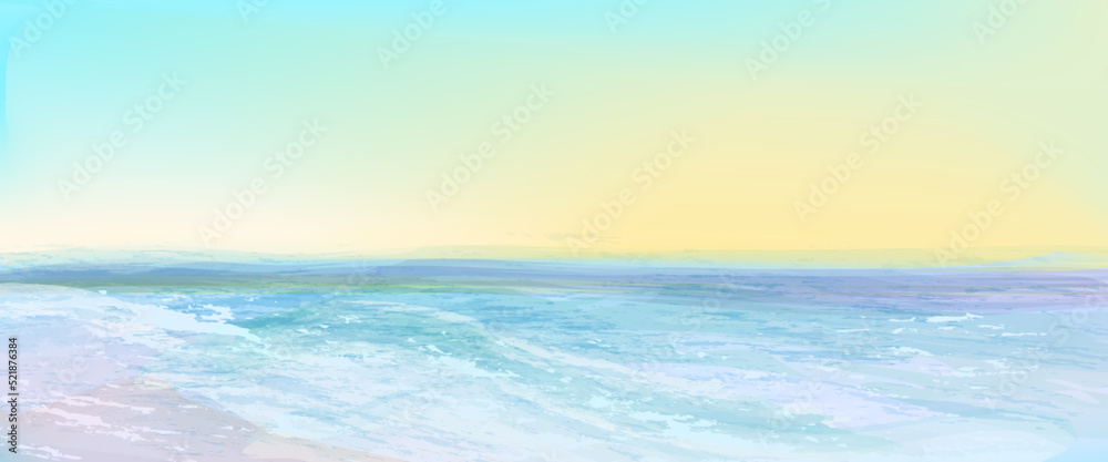 Sunrise,sea, waves.Vector background in soft pastel colours . Minimal and vibrant backdrop suitable for booklets, web, brochures, flyers, concept for card, banner, poster,print.