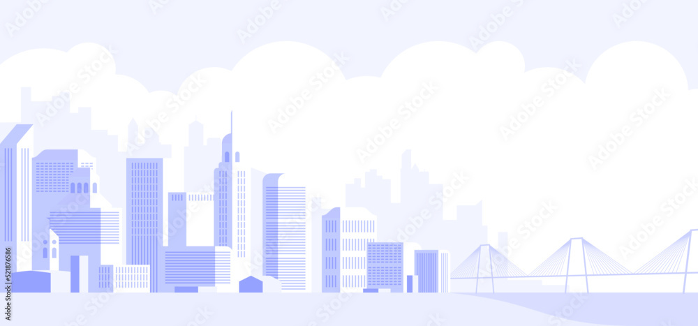 Light gray cityscape background with bridge. City buildings with trees at park view. Urban landscape with street. Modern architectural panorama in flat style. Vector illustration horizontal wallpaper