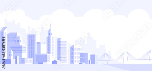 Light gray cityscape background with bridge. City buildings with trees at park view. Urban landscape with street. Modern architectural panorama in flat style. Vector illustration horizontal wallpaper
