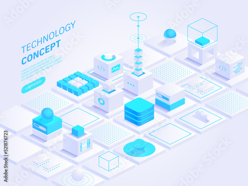 Technology isometric concept vector illustration. Abstract data storage or blockchain. Personal data protection. Hosting server room. Data center. Network mainframe infrastructure technology blocks © Ico Maker