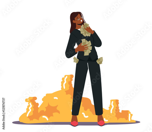 Wealth and Prosperity Concept. Rich Millionaire Female Character Holding Dollars near Huge Stack of Golden Coins