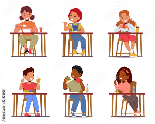 Set Kids Eat Food, Little Girls and Boys Sitting at Table with Tasty Meal Isolated on White Background. Baby Eating