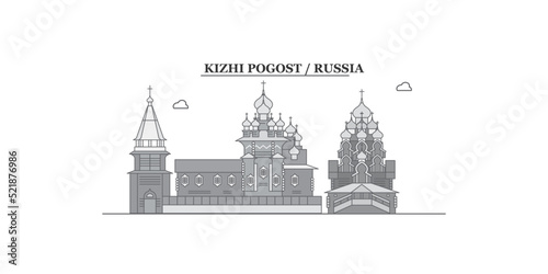 Russia, Kizhi Pogost city skyline isolated vector illustration, icons