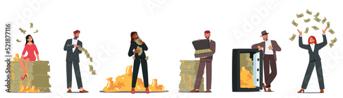 Set of Successful Business Characters in Formal Wear Posing with Money, People Celebrate Victory Successful Project
