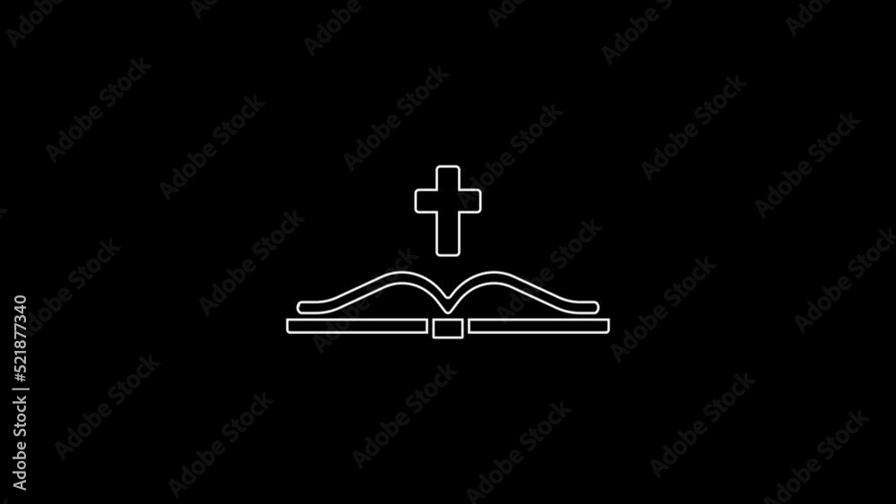 White line Holy bible book icon isolated on black background. 4K Video motion graphic animation