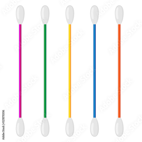 Cotton swab isolated on white background. Care and hygiene. Colorful ear and cosmetic buds. Wooden ear stick. Bath and makeup symbols.. Vector illustration