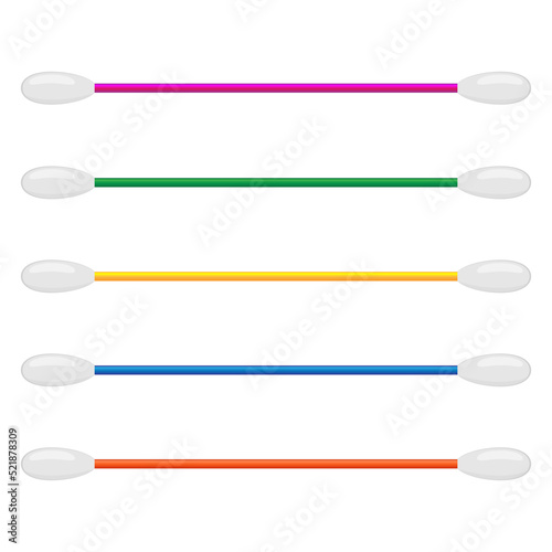 Cotton swab isolated on white background. Care and hygiene. Colorful ear and cosmetic buds. Wooden ear stick. Bath and makeup symbols.. Vector illustration