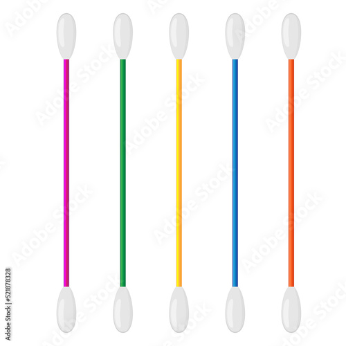 Cotton swab isolated on white background. Care and hygiene. Colorful ear and cosmetic buds. Wooden ear stick. Bath and makeup symbols.. Vector illustration