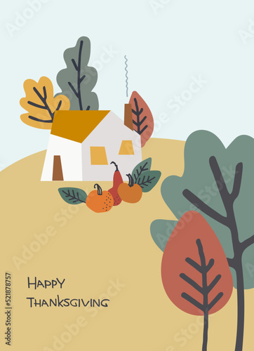 Happy Thanksgiving Day cozy holiday design. Hand-lettered greeting phrase with country house  pumpkins  autumn leaves on white background. Greeting card template  logo