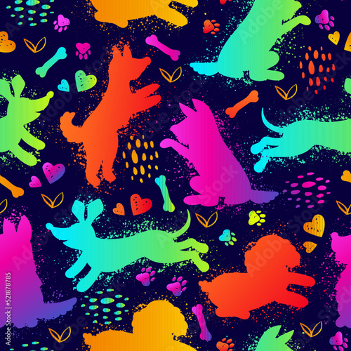 Seamless grunge pattern with cute dogs in vector. Modern neon background with funny puppies and hearts. A repeating pattern with animal tracks. Holographic pets for children's clothing.
