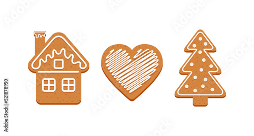 Christmas Gingerbread cookies. Cute ginger bread house, heart and tree. Classic Xmas biscuit. Vector illustration. Noel holiday sweet desserts isolated on white background.
