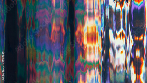 Neon glitch background. Color distortion. Matrix damage. Purple orange green white holographic noise glow on dark black illustration abstract texture.