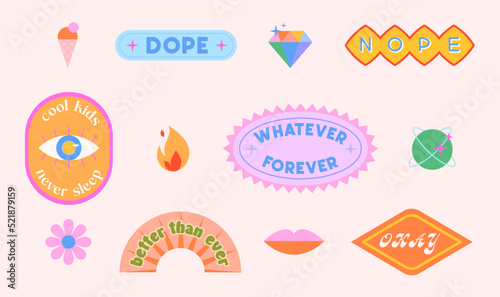 Vector set of cute fun patches and stickers in 90s style.Modern icons or symbols in y2k aesthetic with text.Trendy kidcore designs for banners,social media marketing,branding,packaging,covers