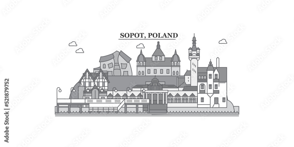 Poland, Sopot city skyline isolated vector illustration, icons