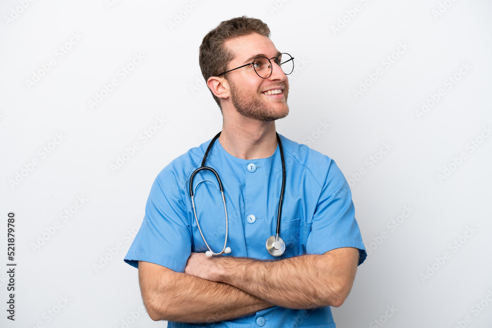 Young surgeon doctor caucasian man isolated on white background happy and smiling Young surgeon doctor caucasian man isolated on white background happy and smiling