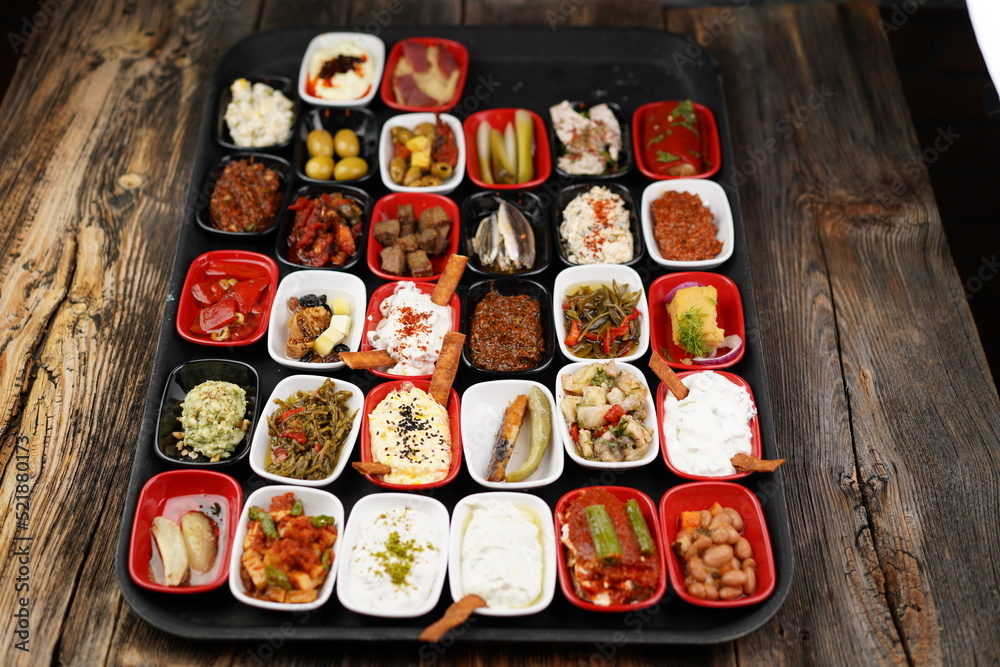 Turkish and Greek appetizers (meze) table. Traditional Turkish cuisine