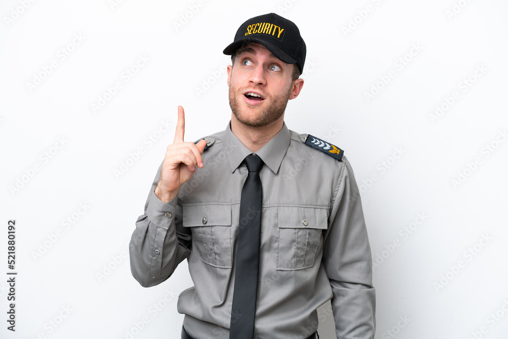 Young safeguard caucasian man isolated on white background thinking an idea pointing the finger up Young safeguard caucasian man isolated on white background thinking an idea pointing the finger up