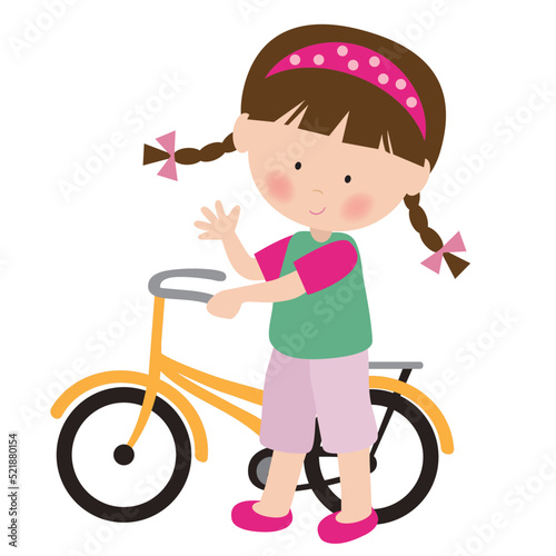 Cute little girl with the bicycle vector cartoon illustration 