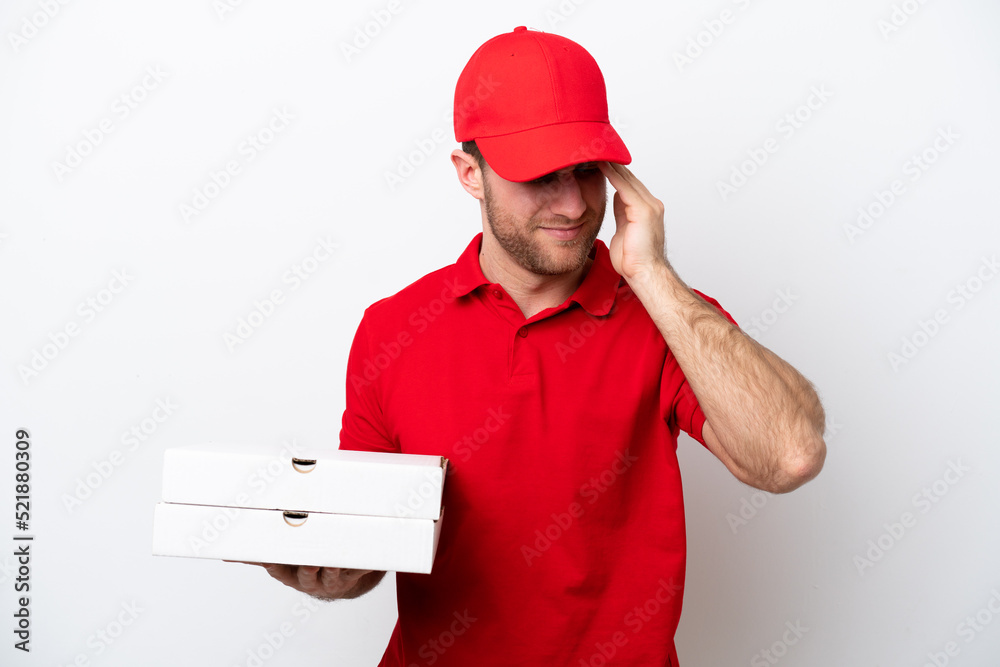 Pizza delivery caucasian man with work uniform picking up pizza boxes isolated on white background with headache Pizza delivery caucasian man with work uniform picking up pizza boxes isolated on white background with headache
