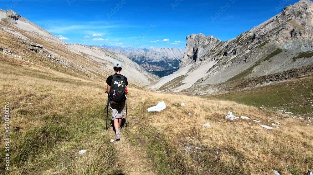Young caucasian woman hike decorated backpack moutain Young caucasian woman hike decorated backpack moutain