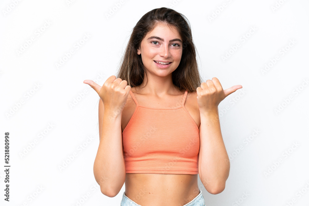 Young caucasian woman isolated on white background with thumbs up gesture and smiling Young caucasian woman isolated on white background with thumbs up gesture and smiling