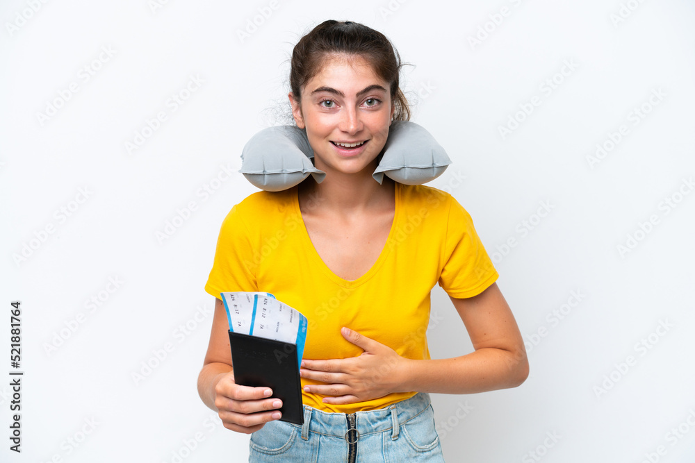 Young caucasian woman with Inflatable travel pillow isolated on white background smiling a lot Young caucasian woman with Inflatable travel pillow isolated on white background smiling a lot